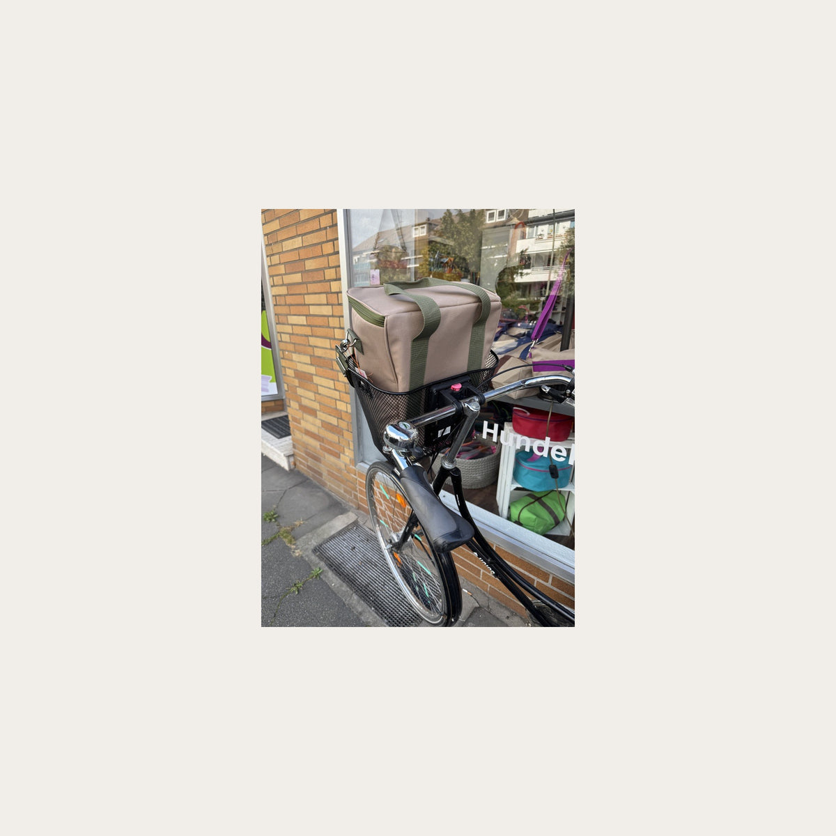 Große Kühltasche im Fahrradkorb im Größenvergleich